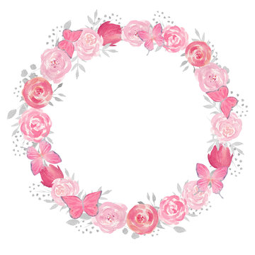 Watercolor floral wreath with rose, leaves, flowers and branches