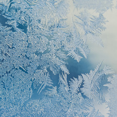 Winter Holidays Season Fantasy World Concept: Macro Image Of A Blue Frosty Window Glass Natural Ice Patterns With Copy Space