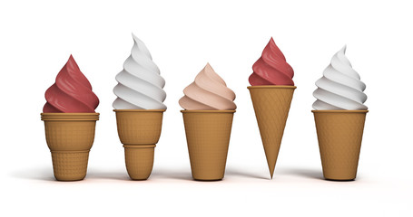 Ice cream. Set of summer sweetness. Milk, chocolate, vanilla, strawberry icecream. Cone cup Ice-cream. Sweet dessert. Frozen product. Isolated white background. 3D rendering.