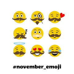 Vector illustration, set of emoji with mustache and beard. November mens health awareness month emoji.