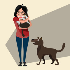 women and cats and dog vector illustration 