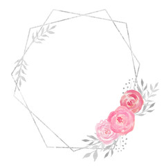 Watercolor polygonal frame border with floral decoration with rose, leaves, flowers and branches.