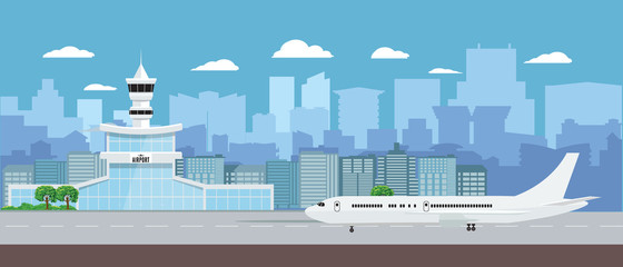 Airport Terminal building with aircraft taking off. Flat and solid color design airport landscape. Vector illustration.