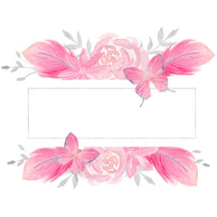 Watercolor polygonal frame border with floral decoration with rose, leaves, flowers and branches.