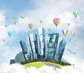 Concept of eco green life as elegant business center on white clouds