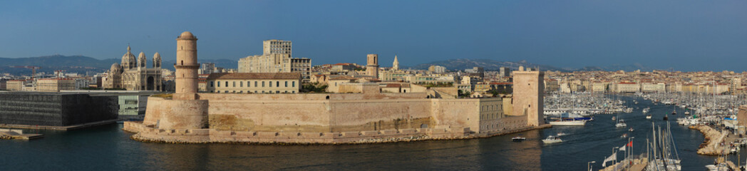 Aerial panoramic view on old port in Marseille, France