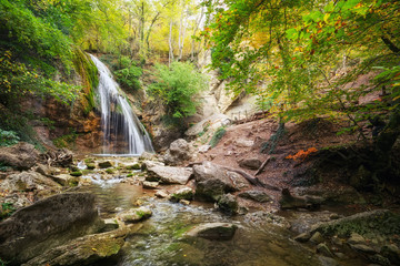 Waterfall Jur-Jur in Crimea. Beautiful autumn landscape