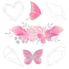 Set of watercolor floral composition with flowers, leaves, feathers, butterfly, and polygonal frames.