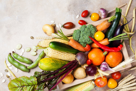 Autumn Harvest Farm Vegetables And Root Crops On Wooden Box Top View. Healthy Food Background.