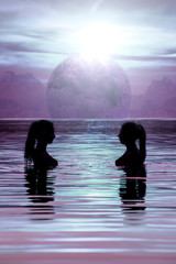 Fantastic view of nude silhouettes of sexy girls in the water against the  background of an amazing purple cosmic planet.