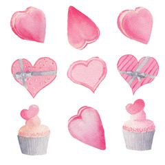 Set of hand painted watercolor hearts and cakes.