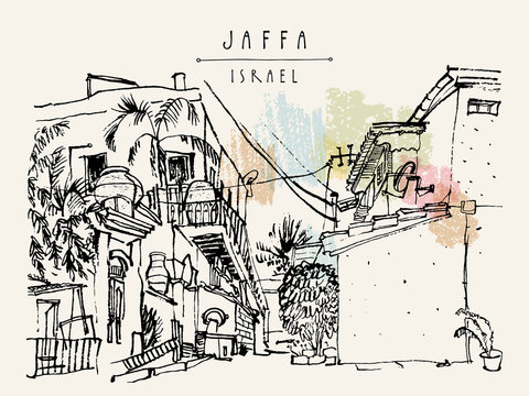 Artistic illustration of Jaffa (Yafo), Tel Aviv, Israel. Grungy black ink brush outline drawing with lighthouse, houses and trees. Postcard greeting card graphic design template