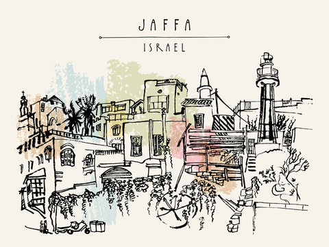 Vector illustration of Jaffa (Yafo), Tel Aviv, Israel. Grungy black ink brush  drawing with lighthouse, houses and trees. Postcard or poster