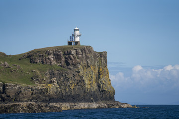 A small lighthouse on the island of Canna, the westernmost of the Small Isles archipelago, in the Scottish Inner Hebrides.