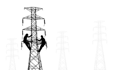 Silhouette Electrical engineers working on electricity pylon high tension power line repairs and maintenance on white background