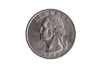 USA quarter dollar nickel coin (25 cents) with a portrait image of George Washington cut out and isolated on a white background