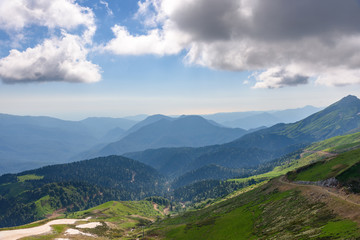Forest in a mountain valley. Green slopes of mountains. Mountain meadow fields. Mountain ranges