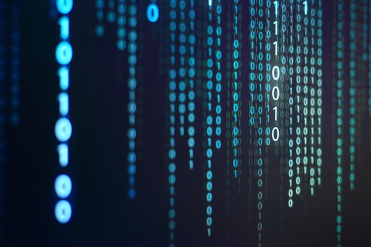 computer data matrix. vertical digital binary code moving motion downward. light up blue one and zero text flowing down. black background space with multiple layers coding.