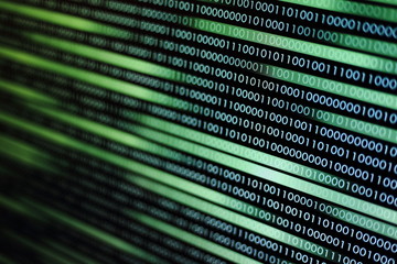 flowing data transfer. data motion movement background. green blue digital binary code bit moving side way