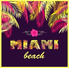 Fototapeta na wymiar T-shirt party print with Miami beach lettering with yellow and pink palm leaves on dark background