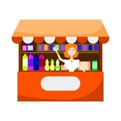 Vector cartoon illustration of market stall and woman. Female street vendors. Human characters on white background