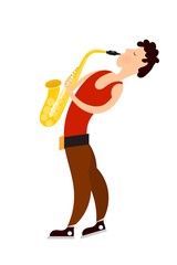Fototapeta premium Saxophonist figure with a musical instrument in a cardboard style on a white background. Vector illustration of a young man with saxophone