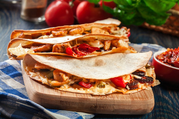 Mexican Quesadilla with chicken, sausage chorizo and red pepper