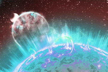 Sun and Earth in the depths of space. Scheme of solar radiation and electromagnetic field of the Earth. 3d illustration