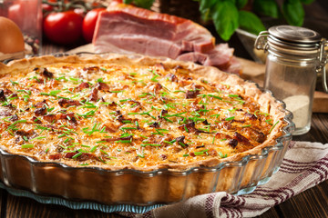 Homemade quiche lorraine with bacon and cheese