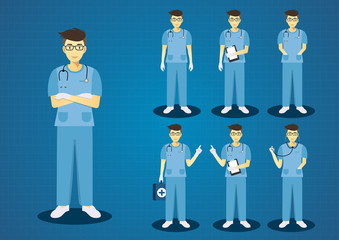 The professional young doctors blue scrub uniform short brown hairs all action character design set 