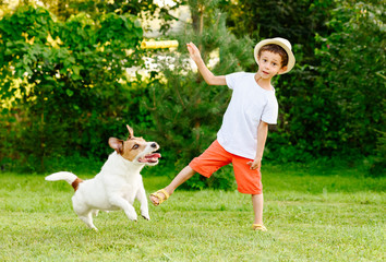 Naklejka na ściany i meble Funny kid boy throws stick to his dog playing fetch game