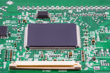 The components of the motherboard. Include chip, ic, cpu socket, heatsink and many port.