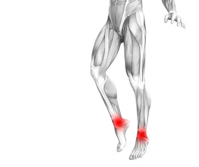 Conceptual ankle human anatomy with red hot spot inflammation or articular joint pain for leg health care therapy or sport muscle concepts. 3D illustration man arthritis or bone osteoporosis disease