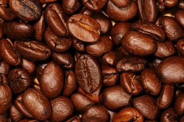Close up of coffee beans texture background, selective focus