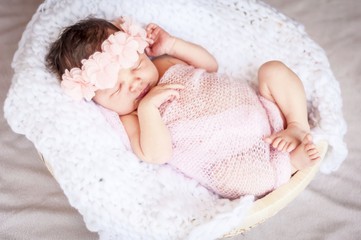 Cute Caucasian newborn infant baby girl asleep. Pink flower band on her head and pink plaid. Adorable newborn baby girl portrait studio stock image.
