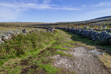 Hiking trail with stone walls in Burren mountains