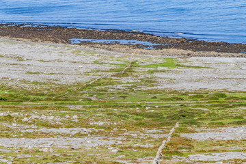 Fanore beach with stone walls in Burren mountain with Galway bay in background