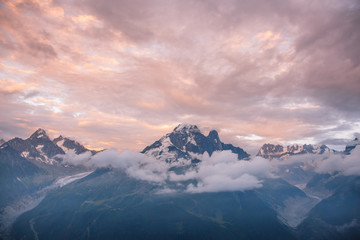 Cloudy Sunset over Iconic Mont-Blanc Mountains Range and Glaciers.