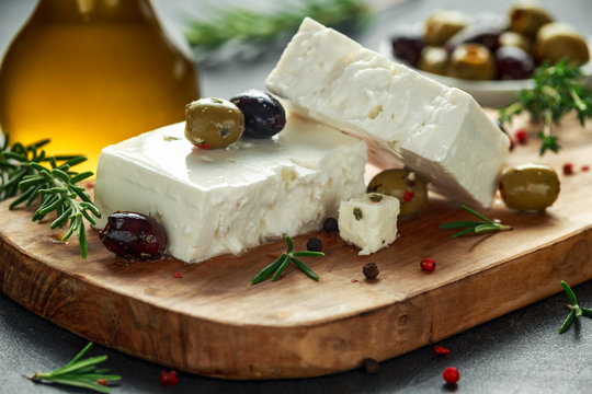 Greek Cheese Feta With Thyme, Rosemary And Olives