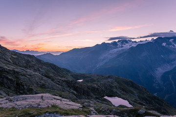 Fototapeta na wymiar Dawn over Mont-Blanc Glaciers and Lakes de Chéserys with Crimson Clear Sky