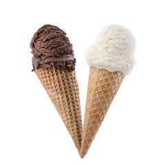 vanilla and chocolate ice cream with cone isolated on white background