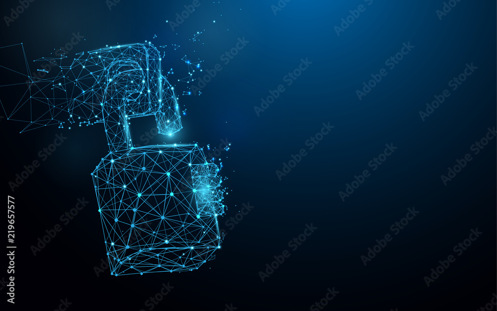Fototapete lock icon form lines, triangles and particle style design. illustration vector