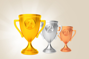 Gold silver bronze cup winner  award beige. 3d render
