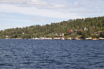 Fototapeta na wymiar Maisons au bord du fjord de Oslo, Norvège