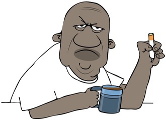Illustration of an angry black man holding a cup of coffee and a cigarette.