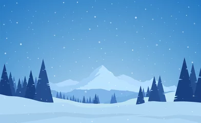 Foto op Plexiglas Vectorillustratie: Winter besneeuwde kalme bergen landschap met dennen, heuvels en sneeuwvlokken © deniskrivoy