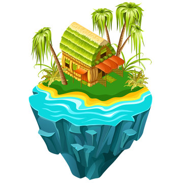 3d isometric building on jungle island in the sea for computer games. Сottage and elements landscape design. Isolated vector cartoon illustration.