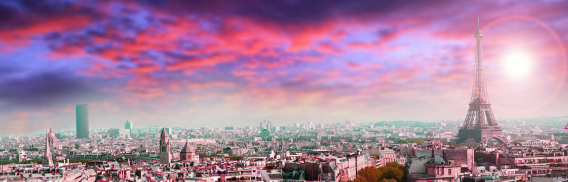 Fototapeta panoramic view of Paris on sunset