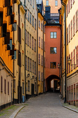 Stockholm empty old narrow cobblestone street in the historical city center gamla stan. Sweden.