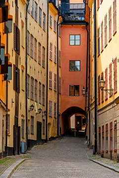 Stockholm old narrow cobblestone street in the historical city center gamla stan. Sweden.